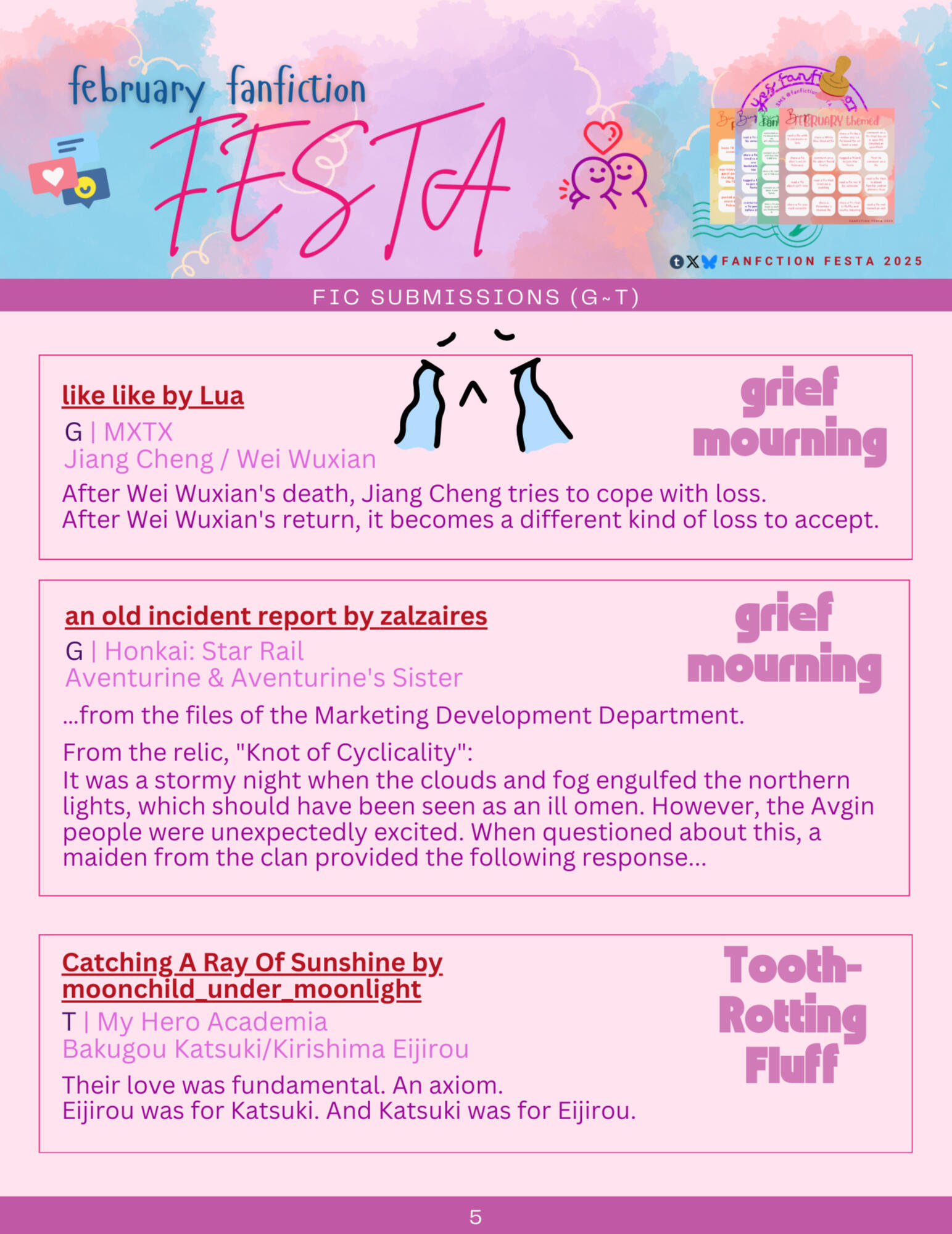 like like by lua, an old incident report by zalzaires, and Catching A Ray of Sunshine by moonchild_ under_ moonlight