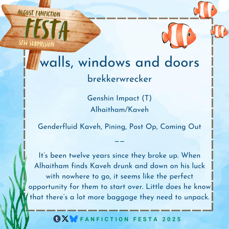 SFW Submission graphic: genshin impact, Alhaitham x Kaveh, Genderfluid Kaveh, Post Op, Coming Out