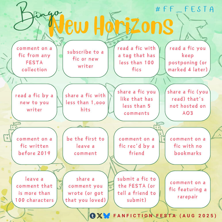 4x4 bingo focused on reading, commenting, and sharing new to you fanfics, click to view alt-txt via bluesky