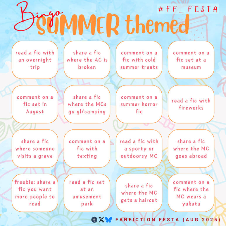 4x4 bingo focused on reading, commenting, and sharing summer themed fanfics, click to view alt-txt via bluesky