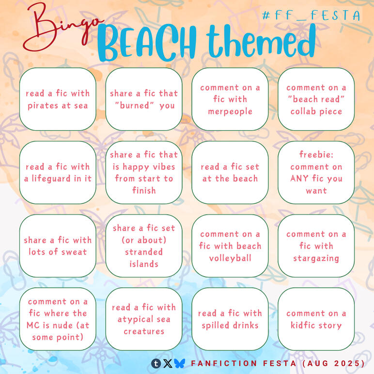 4x4 bingo focused on reading, commenting, and sharing beach-centric fanfics, click to view alt-txt via bluesky