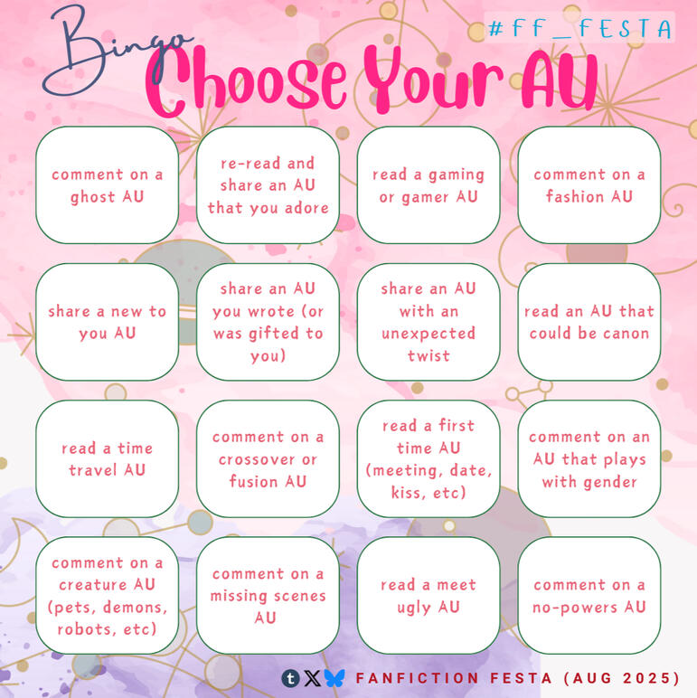 4x4 bingo focused on reading, commenting, and sharing AU fanfics, click to view alt-txt via bluesky